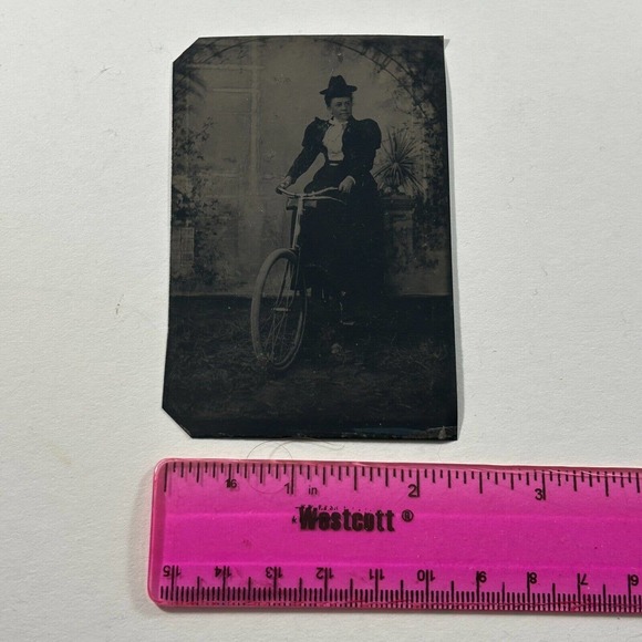 Tintype Woman on Bicycle Victorian Fancy Dressed Woman in Hat Found Photo - Picture 3 of 4